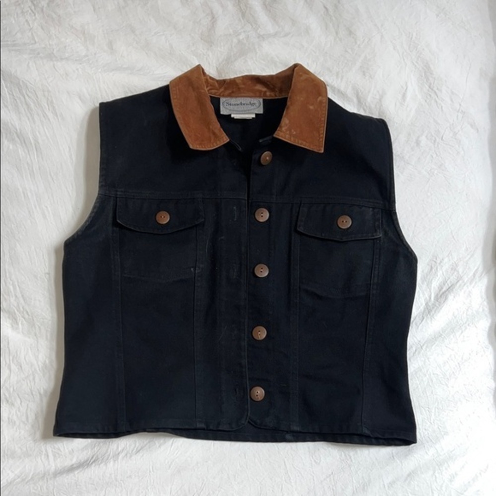 Black Denim Vest with Brown Suede Collar